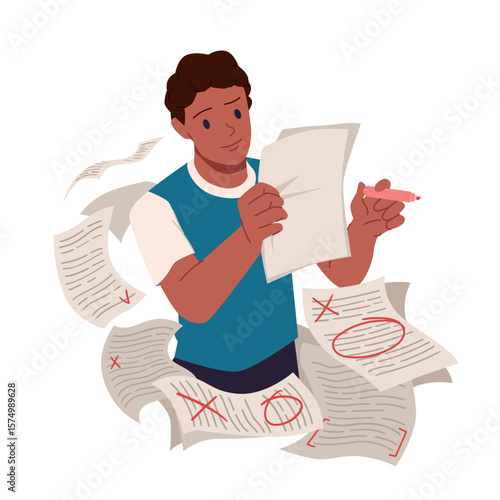 Young man sitting at table with laptop and pile of paper sheets with text, holding pen to correct mistakes cartoon. Document review and grammar error check by editor, teacher
