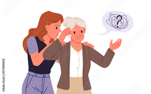 Girl volunteer or nurse hugging elderly woman with care, sad grandmother patient with memory loss and headache troubles. Help and support for older people with dementia