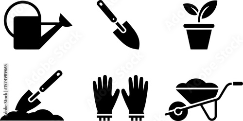 Gardening tools icons set vector illustration for garden care and planting equipment silhouette collection editable