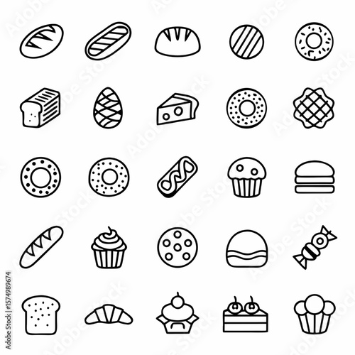 Collection of bakery items vector icons bread donut cake croissant cupcake sweets pastry food dessert 100
