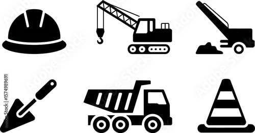 Construction equipment vector icons set safety helmet crane truck shovel and cone black and white design editable
