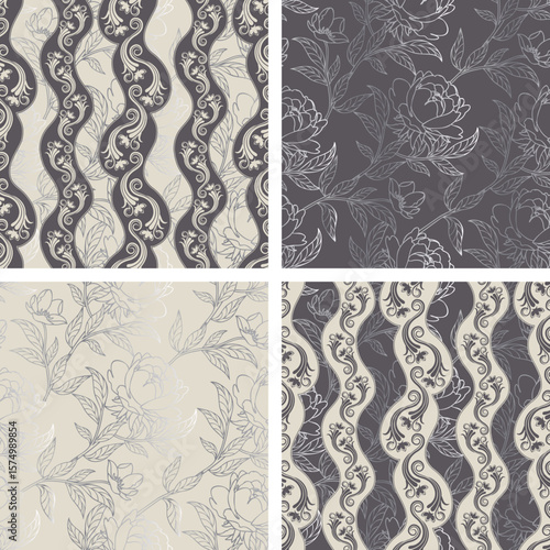 Elegant Damask and Wave Patterns in silver and gray for modern textile samples. Vector seamless border in Victorian style. background set. Vector, illustration