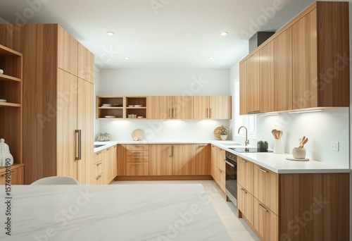 Scandinavian kitchen with birch wood cabinets and white marble countertops