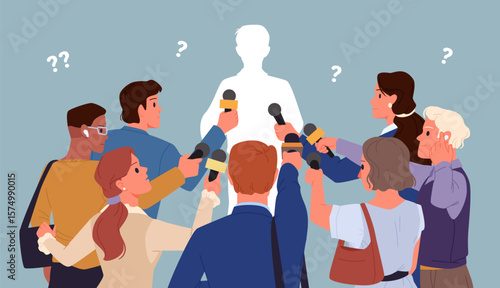 Public interview of politician or leader, famous person silhouette standing in front of journalists crowd. Paparazzi group and mass media reporters holding microphones cartoon vector illustration