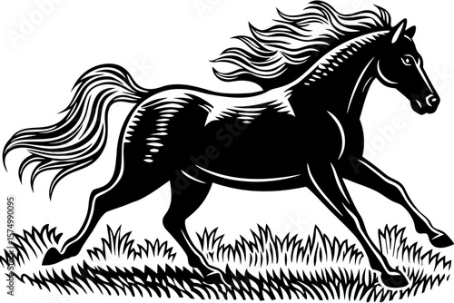 Dynamic galloping horse silhouette with flowing mane in motion