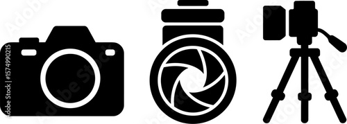Photography equipment vector icons camera lens tripod illustration for graphic design and web design editable