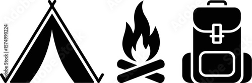 Camping essentials vector icon set tent bonfire and backpack for outdoor adventure and travel design editable