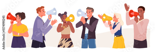 People speak into loudspeaker set. Man and woman diverse group holding megaphone to talk announcement and offer loudly, characters with bullhorns shout information cartoon vector illustration