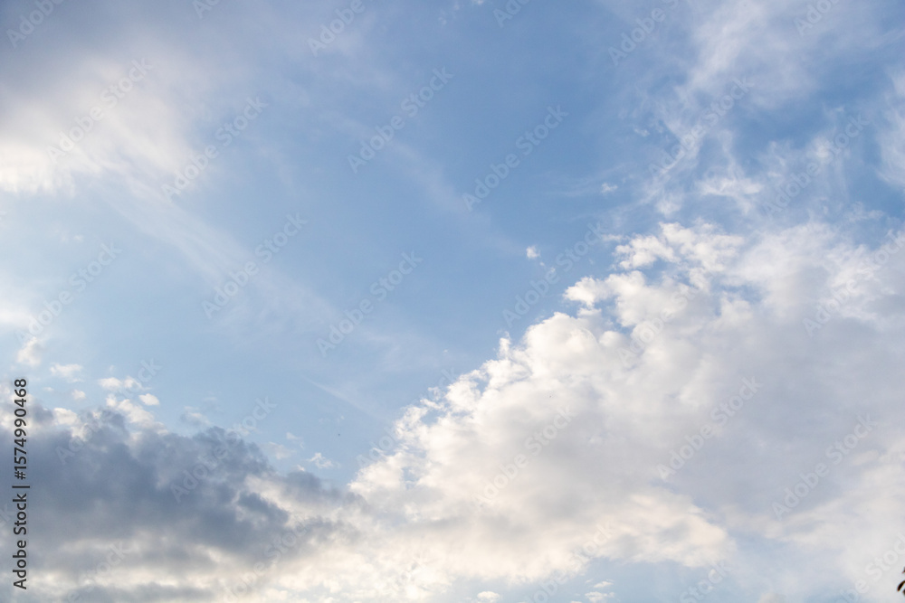 Fototapeta premium Soft white clouds scattered across a light blue summer sky