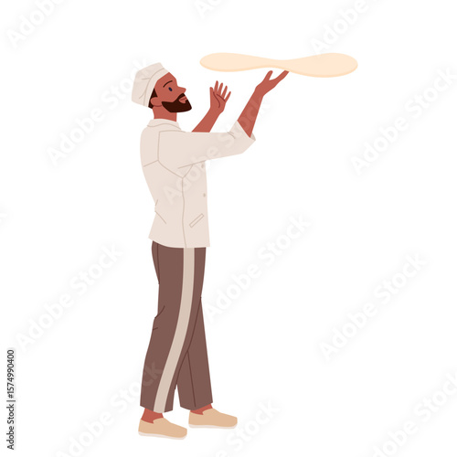 Male pizzaiolo making traditional pizza in kitchen of Italian restaurant. Hands of baker and chef in uniform and hat toss and spin dough to make flat bread, pizza flying cartoon vector illustration
