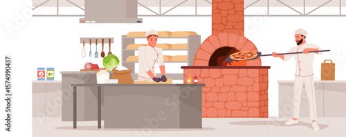 Italian pizza chefs make pizza in kitchen of Italian restaurant. Man in uniform and hat kneading dough, pizzaiolo making flat bread, holding spatula to put in brick furnace cartoon vector illustration
