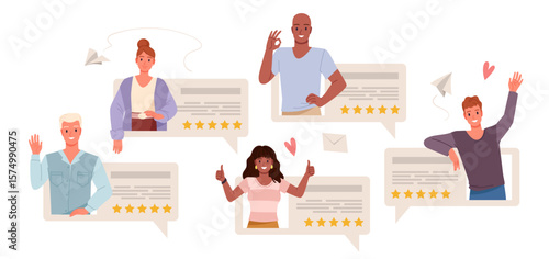 People rate product or service with five stars, good reviews set. Positive customer feedback in social media, characters rate quality with thumbs up and okay gestures cartoon