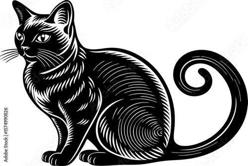 Elegant black cat silhouette sitting with a gracefully curled tail