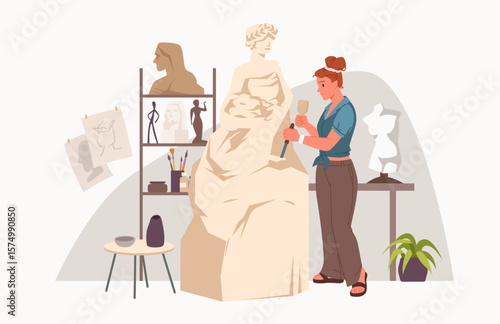 Sculptor woman making stone statue with artists tools in interior of workshop. Girl holding hammer and chisel to work on sculpture masterpiece at artisan master class cartoon vector illustration