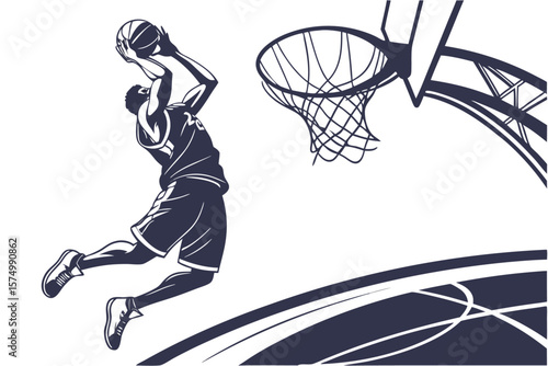 Dynamic basketball player silhouette performing a slam dunk in action