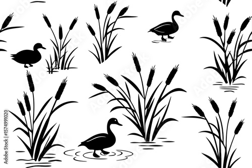 Charming seamless pattern featuring ducks and reeds in a classic black and white design