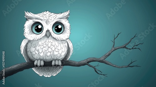 Cute white owl perched on a branch against a teal background.
