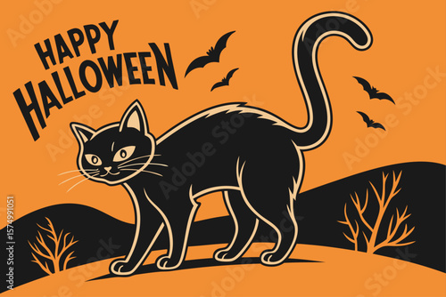 Mysterious black cat with glowing yellow eyes for halloween celebrations