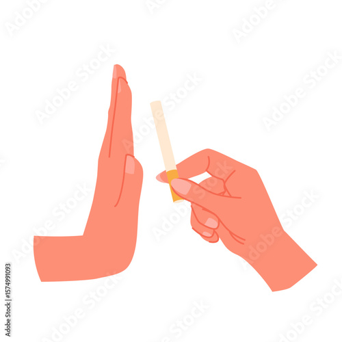 Stop and quit smoking campaign, refusal of offer to smoke and nicotine addiction. Smokers hand giving cigarette from pack and rejection gesture of person quitting smoking
