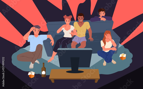 Friends watch horror movie on TV together at night. Young people group sitting on couch and on floor with afraid faces, girl and boy eat fast food watching thriller cartoon vector illustration