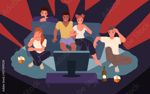 Friends watch horror movie on TV together at night. Young people group sitting on couch and on floor with afraid faces, girl and boy eat fast food watching thriller cartoon