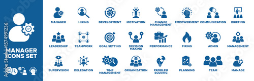 Manager icon set. manager, leadership, supervision, delegation, teamwork, hiring, development, goal setting, time management, organization, decision icons. Solid icons collection. Vector illustration.