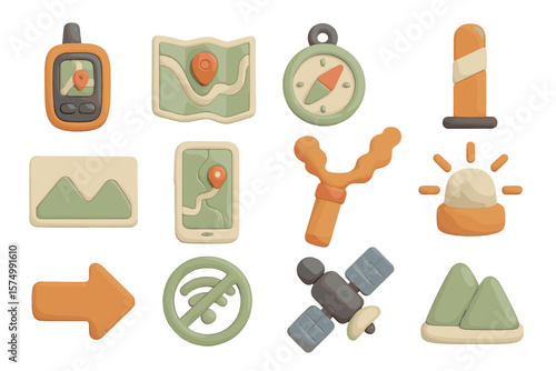 Colorful clay gps and navigation icons with maps and devices