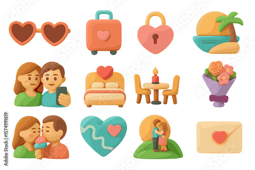 Colorful love and travel icons with couples and heart motifs