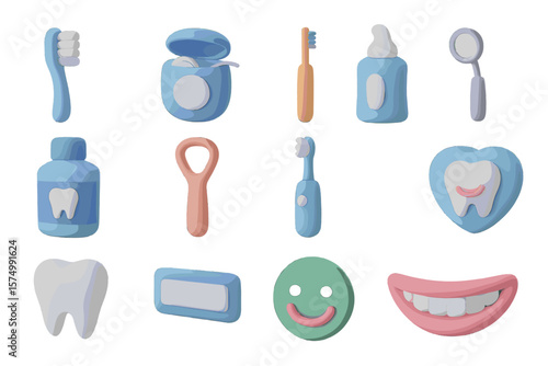 Colorful 3d icons of dental care products and tools for oral hygiene
