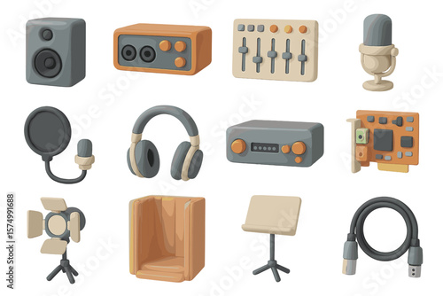 Colorful clay audio equipment collection with headphones and microphones
