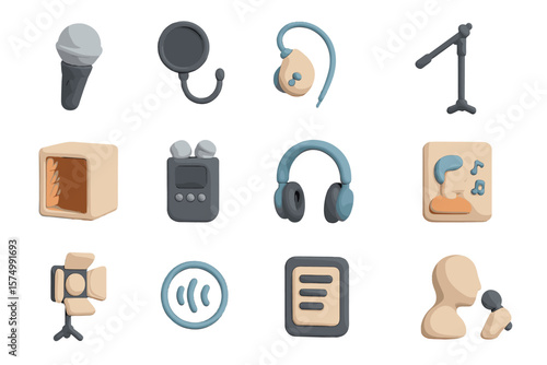 Music and recording equipment icons in 3d illustration