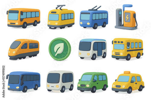 Colorful 3d icons of various eco-friendly public transport vehicles