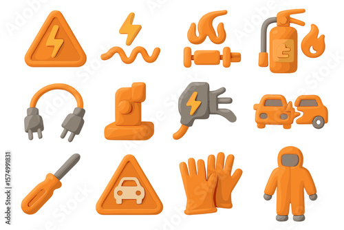 Electric safety icons: plug, fire extinguisher, car warning, gloves, hazmat suit