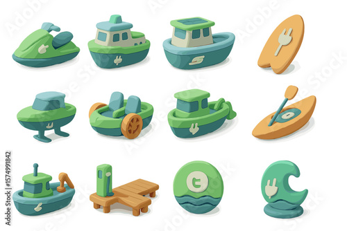 Colorful 3d electric watercraft models and charging icons