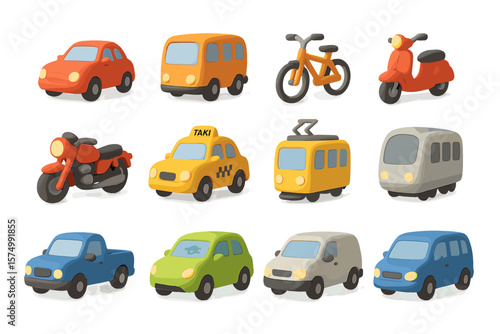 Colorful cartoon vehicles in varied styles and shapes on gradient background