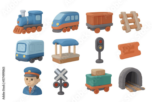 Colorful cartoon train elements collection with locomotives and tracks