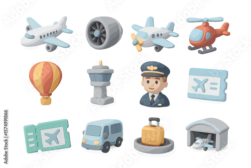Cartoon airport icons: pilot, airplanes, helicopter, luggage, tickets, control tower