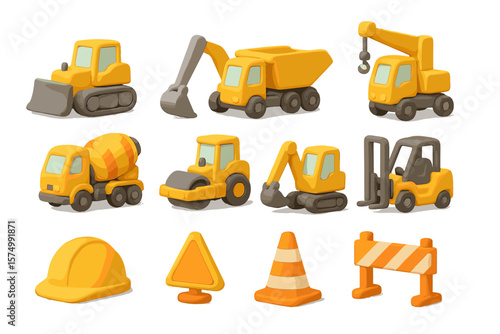 Construction vehicles and equipment miniatures in playful yellow design