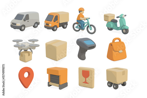 3d icons of delivery vehicles, packages, and transportation concepts