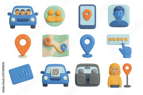 Colorful 3d icons of car travel and navigation with diverse elements