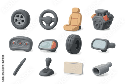 Car components icons set: wheels, seat, engine, exhaust, dashboard, mirrors