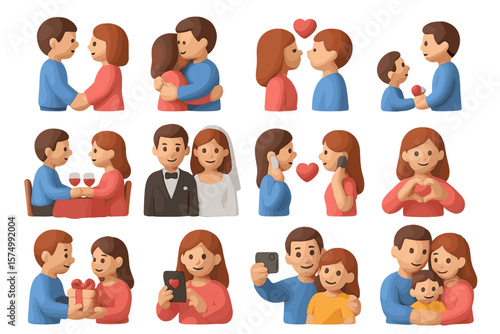 Cartoon couples in various romantic scenarios