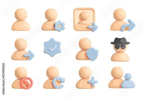 Minimalistic 3d icons representing various anonymous user actions