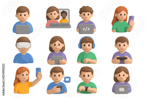 Diverse characters engaging with technology in various activities