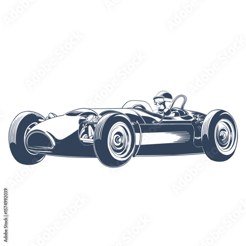Classic retro racing car with driver in helmet and goggles, sketch style vintage motorsport vector illustration