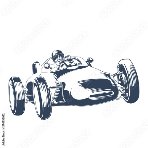 Retro racing car with driver in helmet and goggles, vintage motorsport illustration in sketch style