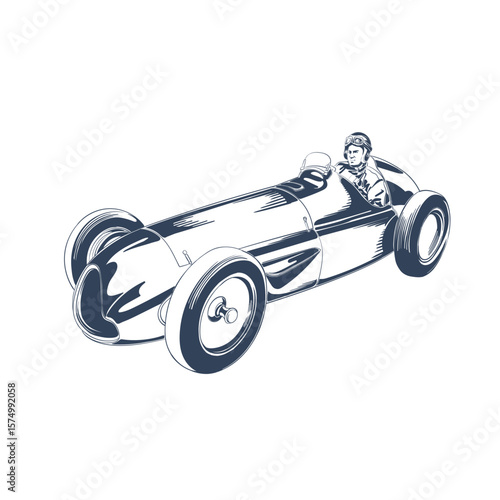 Classic retro racing car with driver in goggles and helmet, vintage motorsport vehicle side rear angle illustration