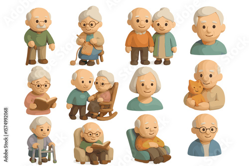 Elderly caucasian clay figures with various activities and emotions