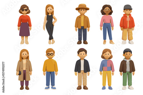 Diverse cartoon characters in various outfits and styles