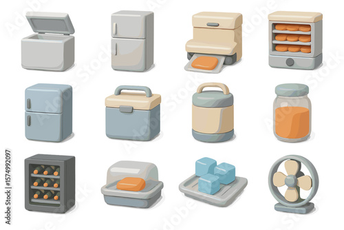 Collection of cute cartoon household appliances and kitchen items